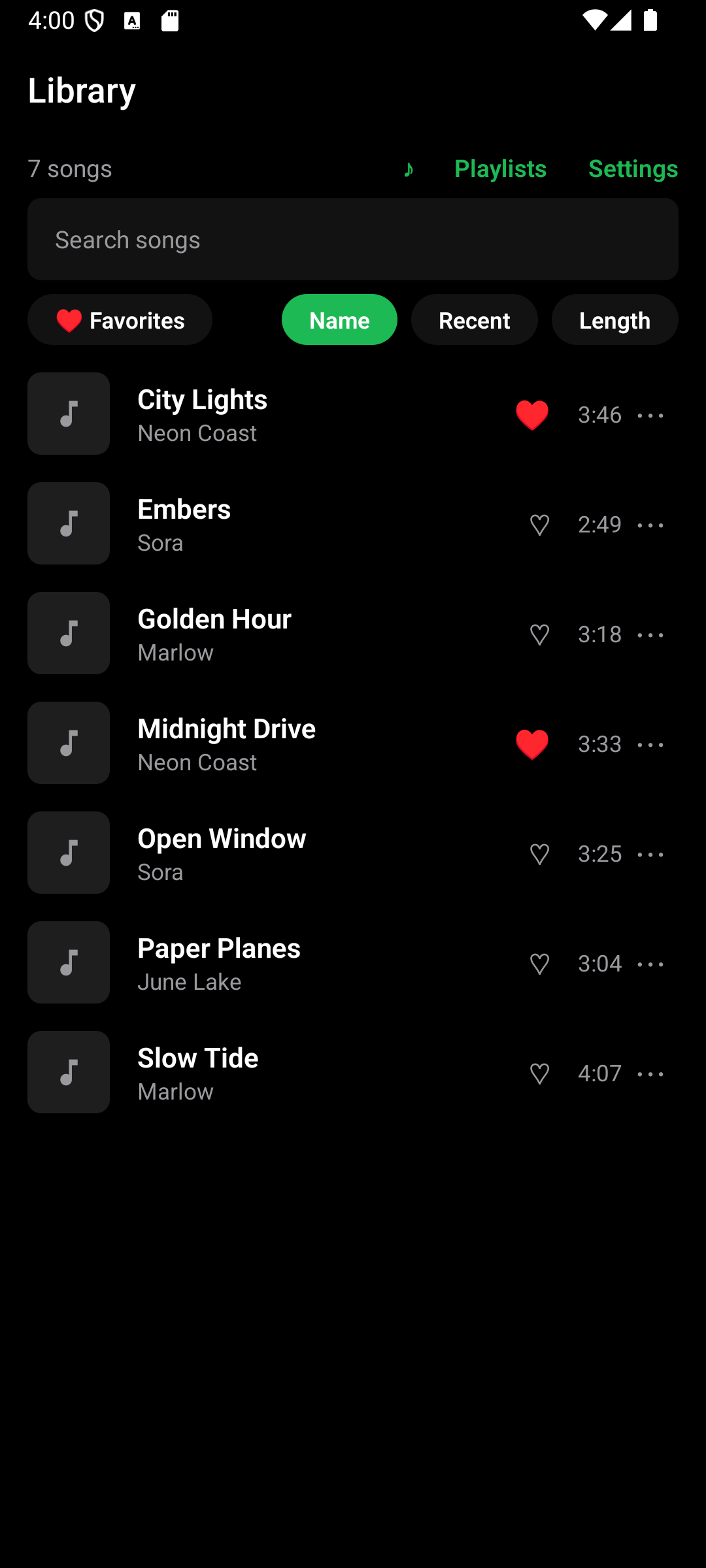 Library screen with search, sort and favorites