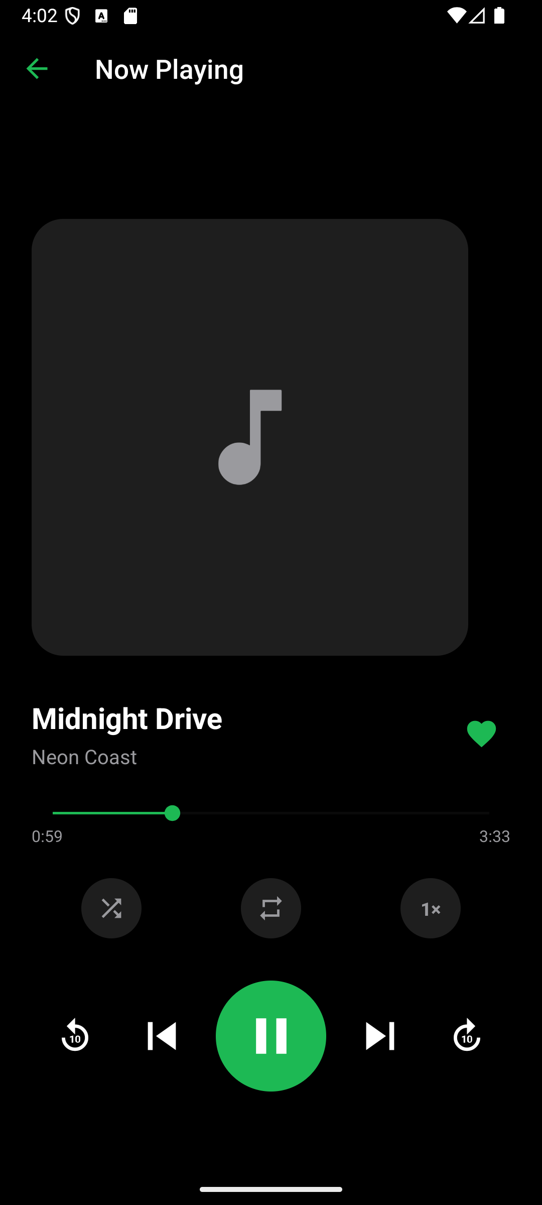 Minimal Music now-playing screen with album art, progress bar and playback controls