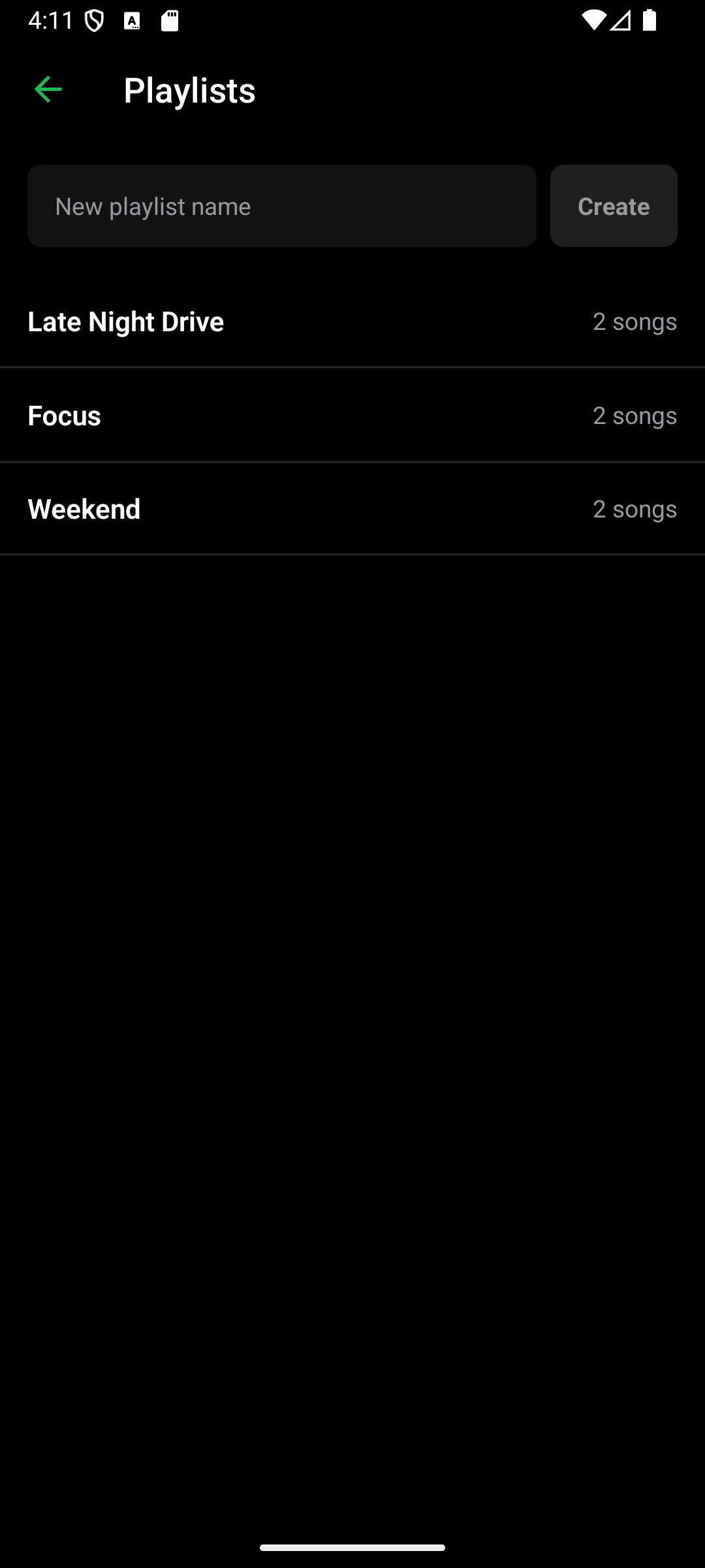 Playlists screen