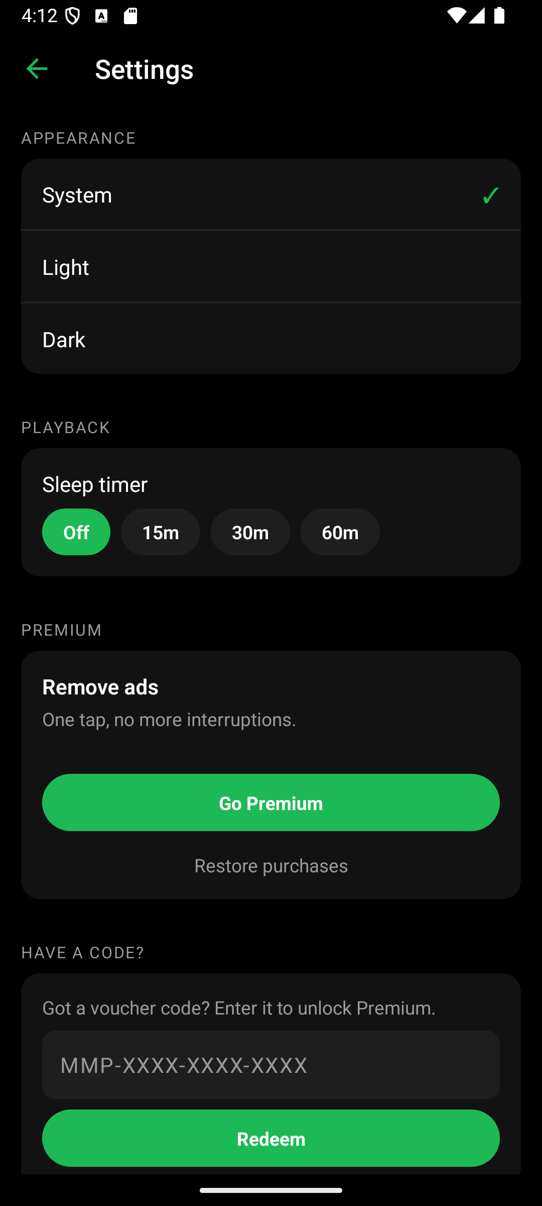 Settings screen with theme and sleep timer